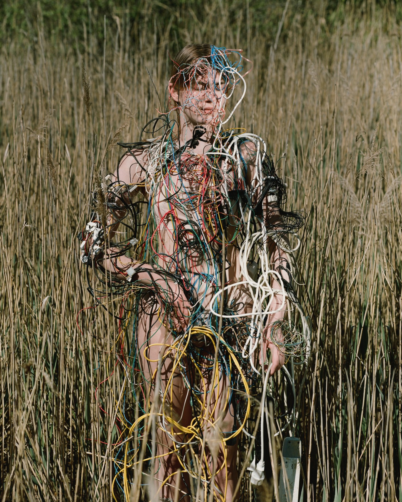Several colorful electrical wires are connected to a person standing in a field of grass.