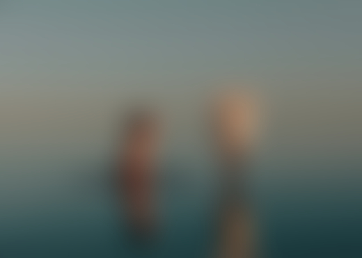 A person stands in the shallow water of the Salton Sea next to a sculpted torso of a human.