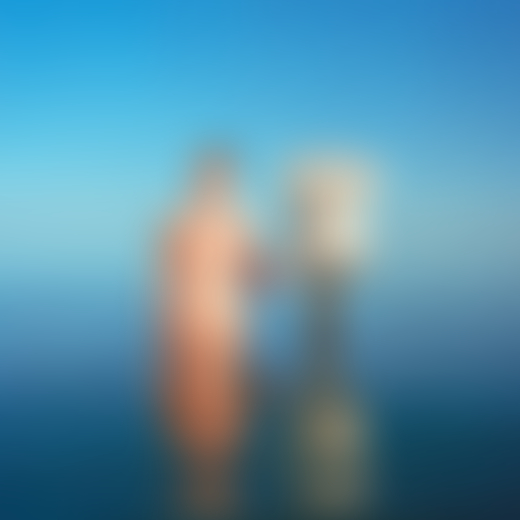 A person stands in the shallow water of the Salton Sea next to a sculpted torso of a human.