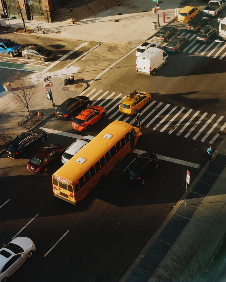 Aerial view of busy intersection