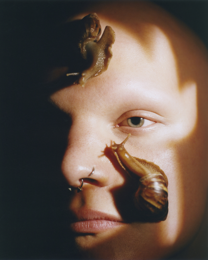 Two snails crawl along a face.