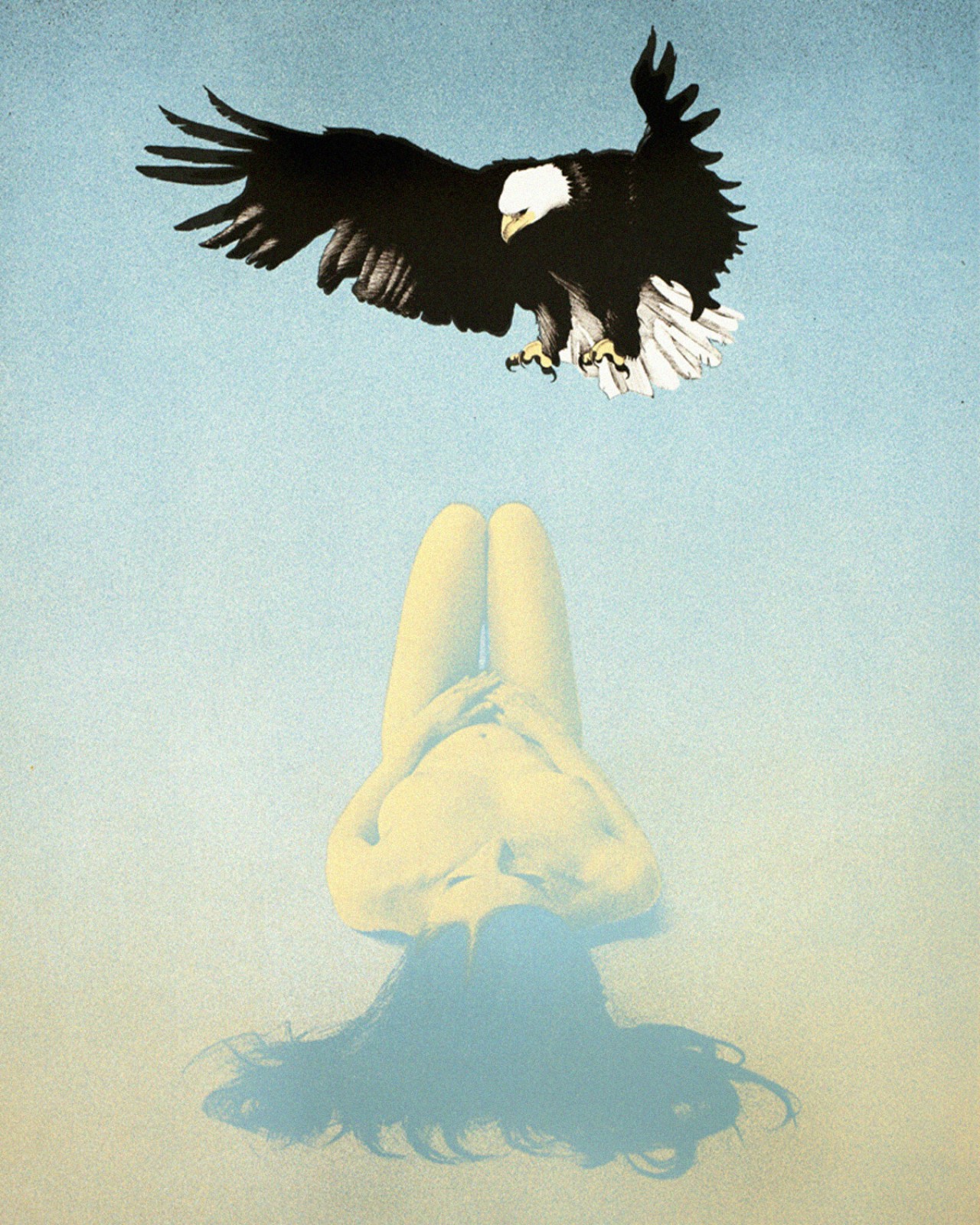 An illustration of an eagle flying above a woman laying down.