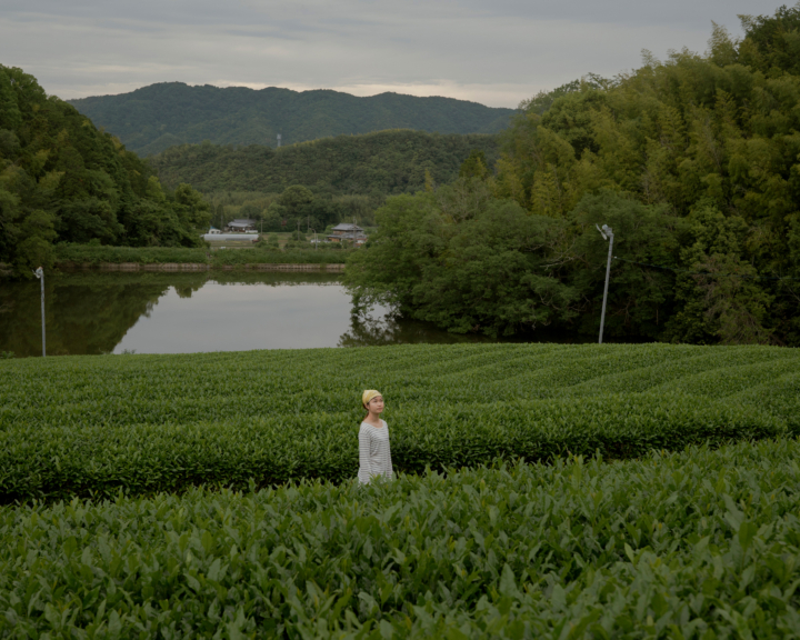 A person stands in a grass field with mountains and water behind them.