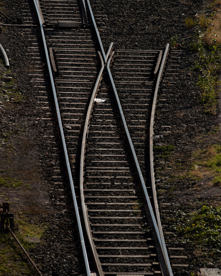 A train track goes in two directions.