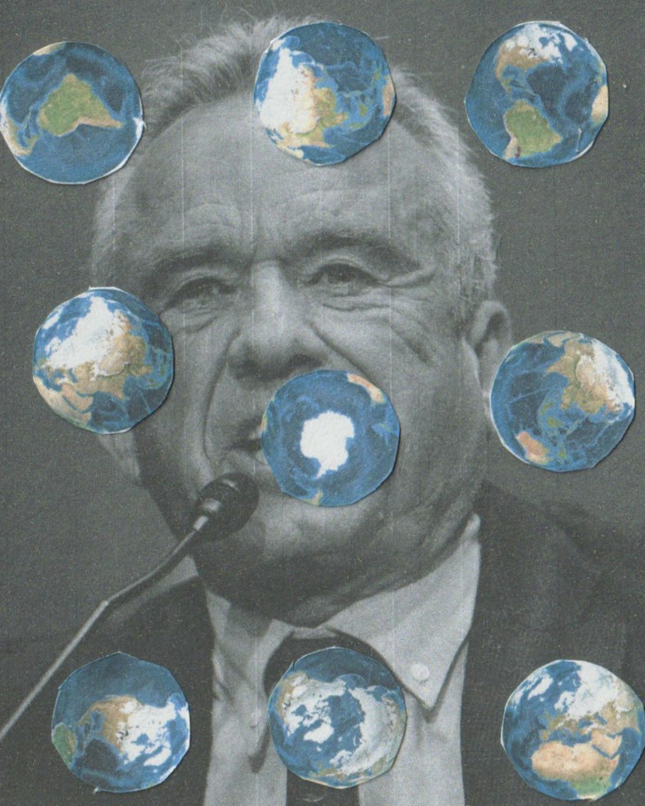 A graphic of RFK Jr, surrounded by several miniature earths.