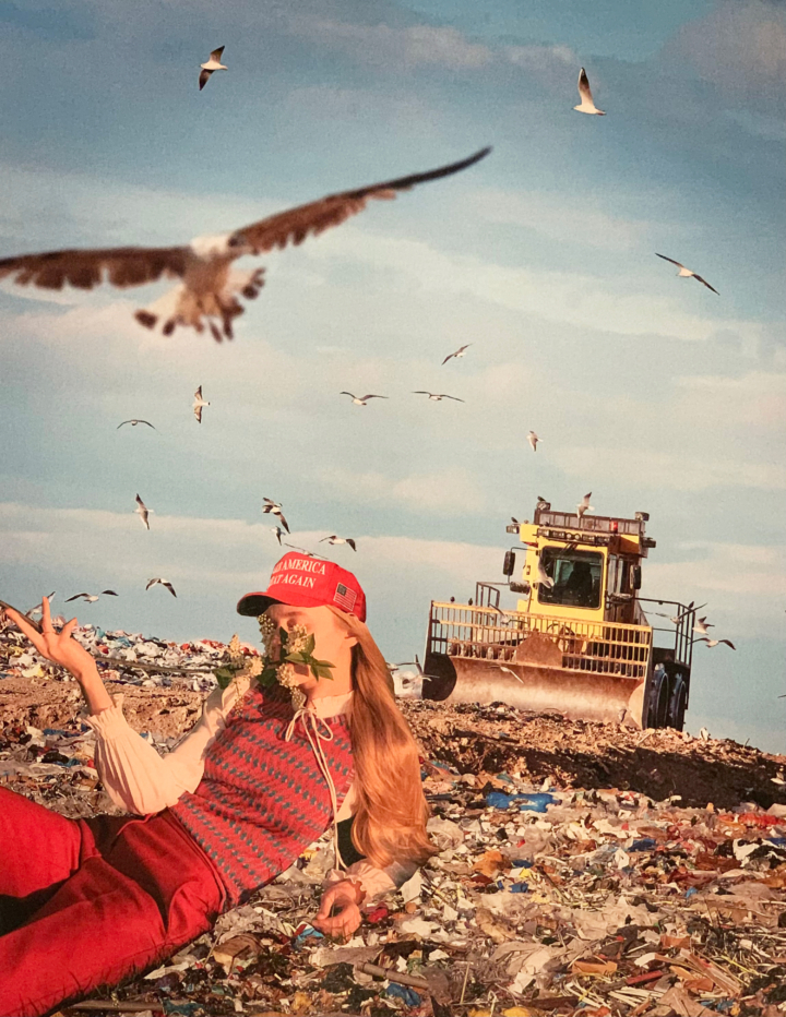 Collage of woman lying in landfill, wearing MAGA hat, with bird flying overhead.