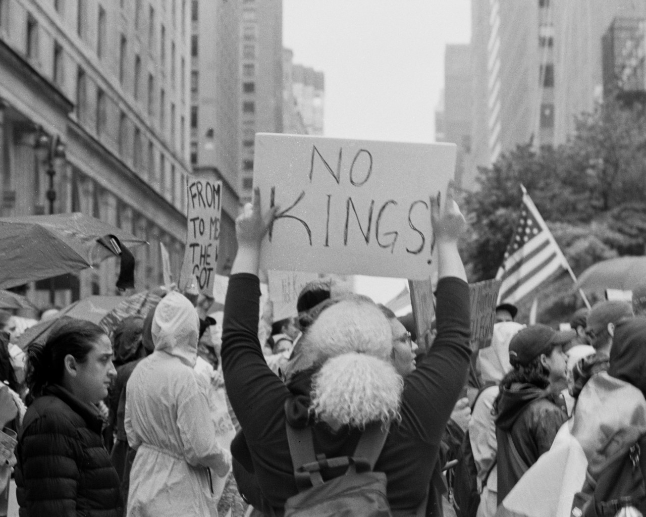 Protestors hold signs at NYC's No Kings protest rally.