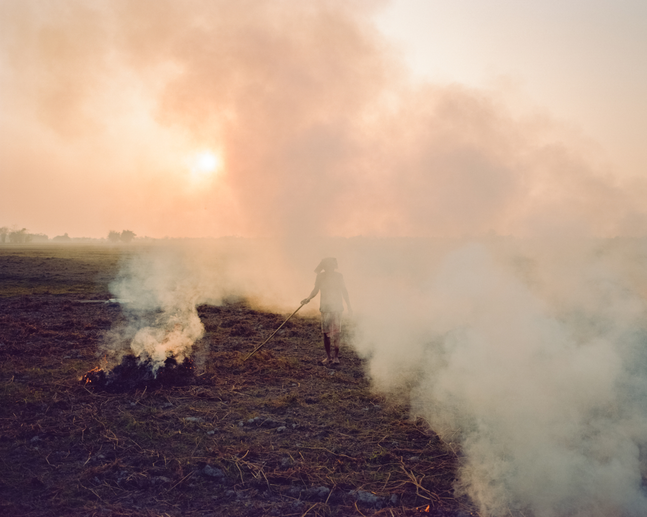 A person walks in a dust cloud.