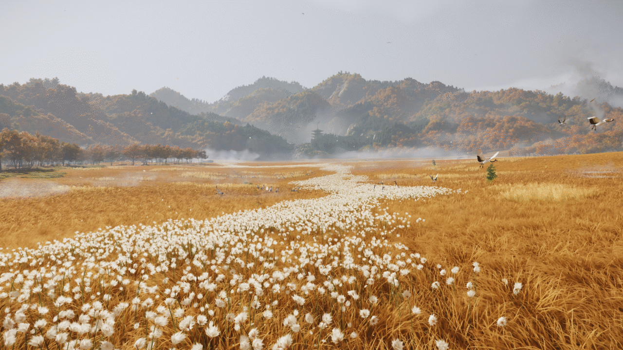 a tall mountain behind yellow wheat fields from the video game Ghost of Yōtei