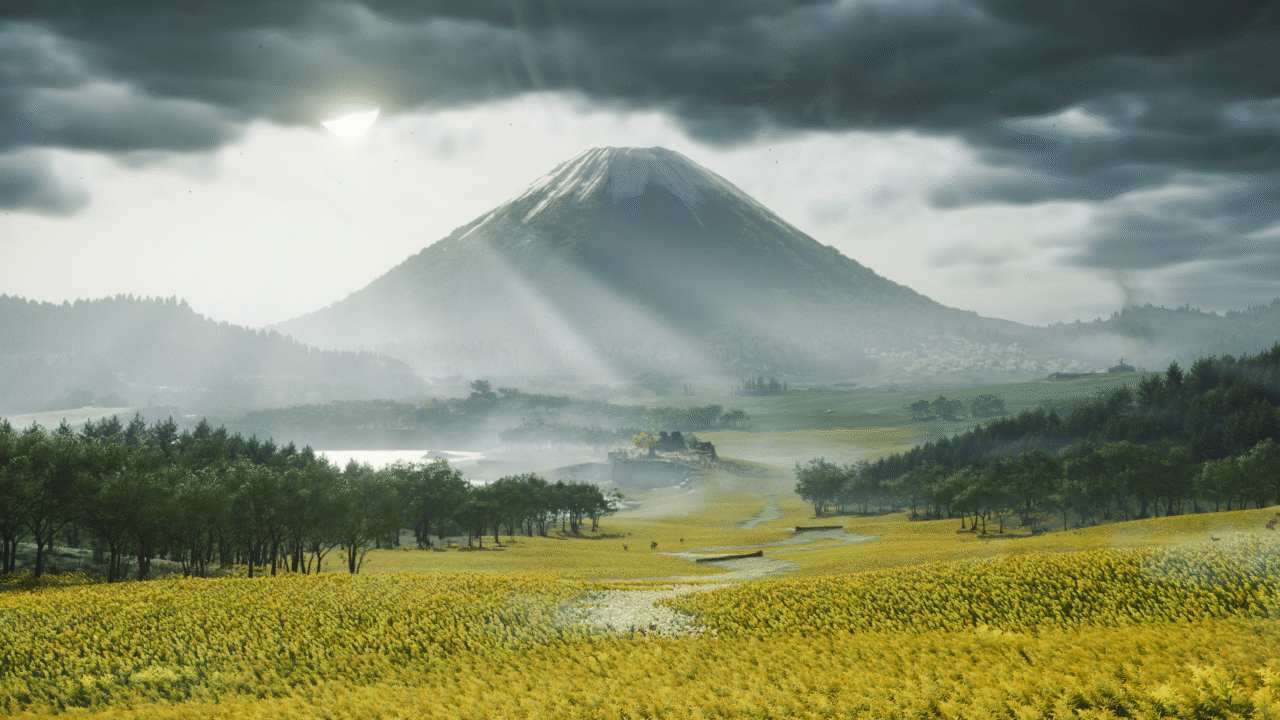 a tall mountain behind green fields from the video game Ghost of Yōtei