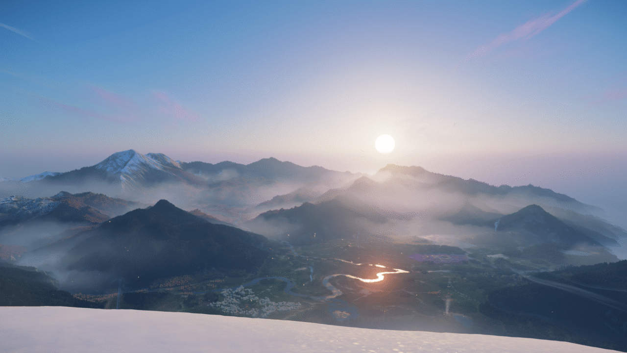 mountain range against a blue sky from the video game Ghost of Yōtei