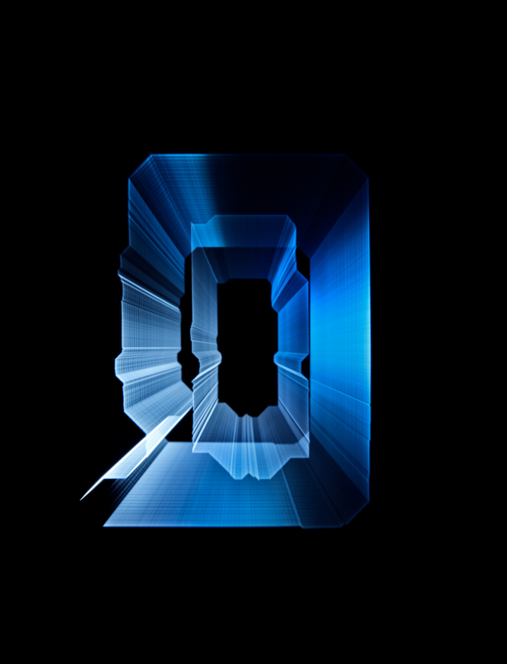 A blue, abstract shape surrounded by darkness.