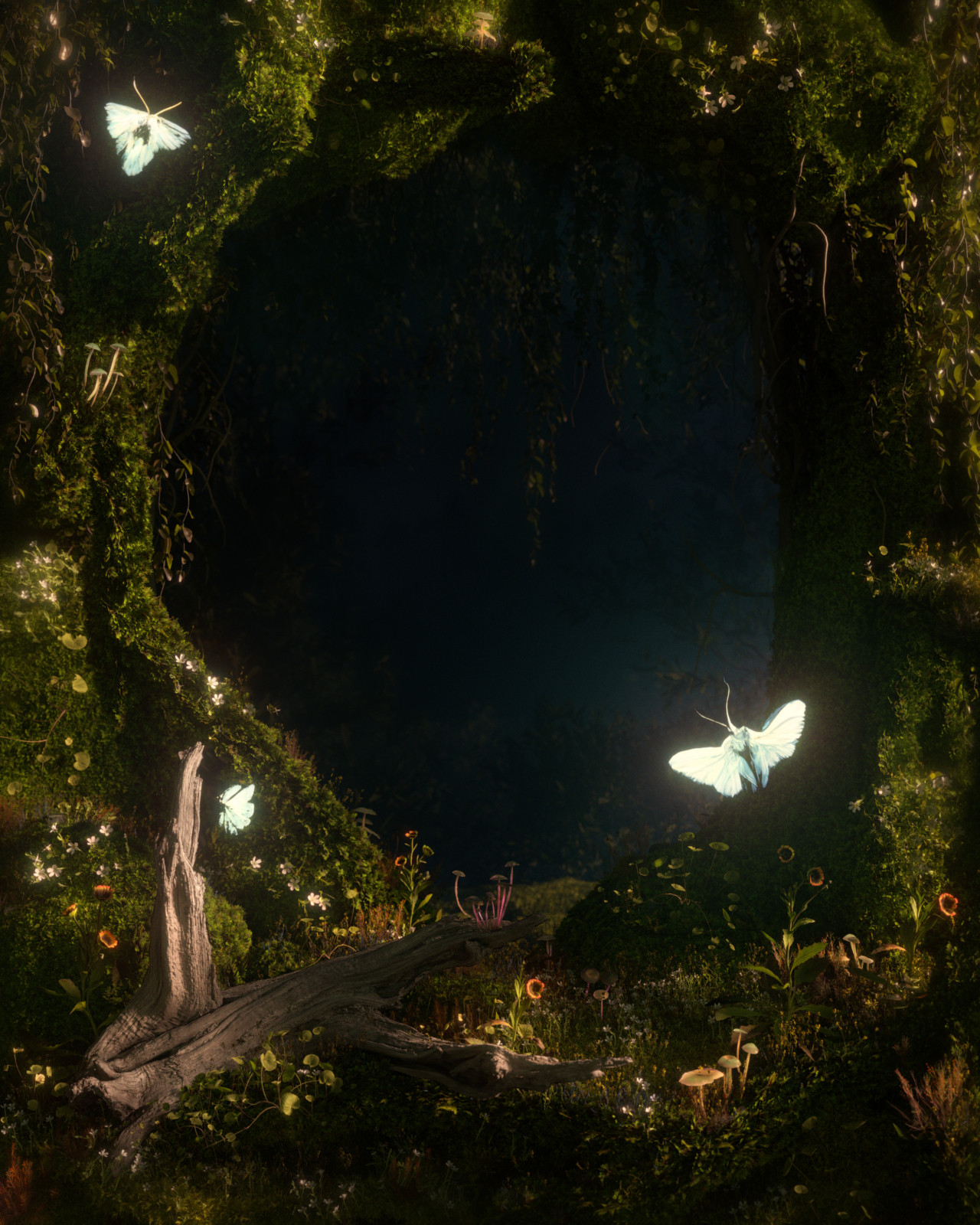 A glowy butterfly flies through a verdant forest.