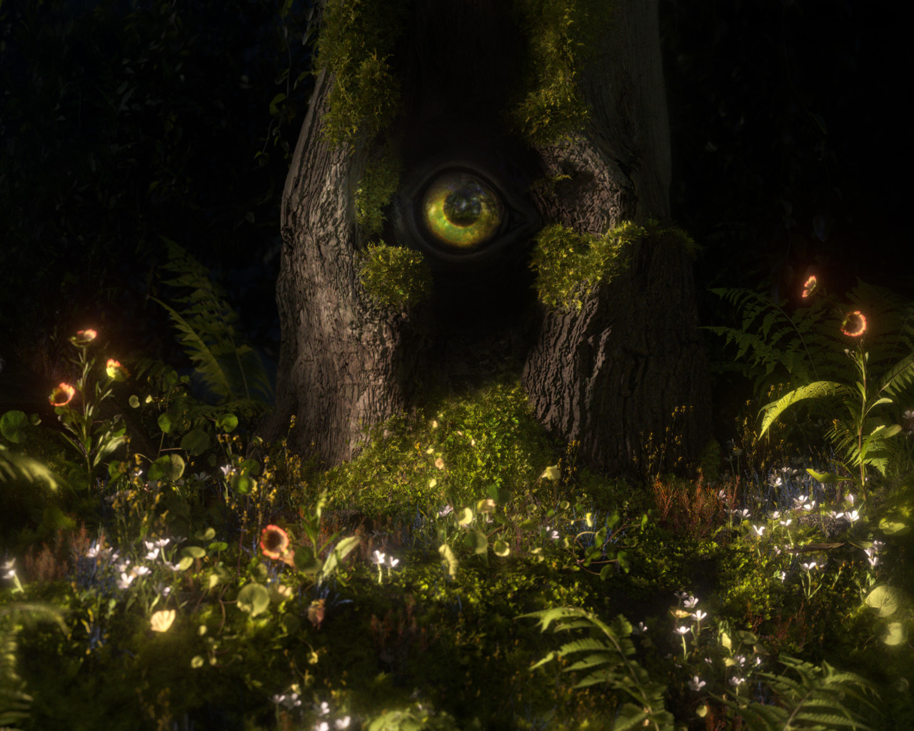 A tree grows in a verdant forest.