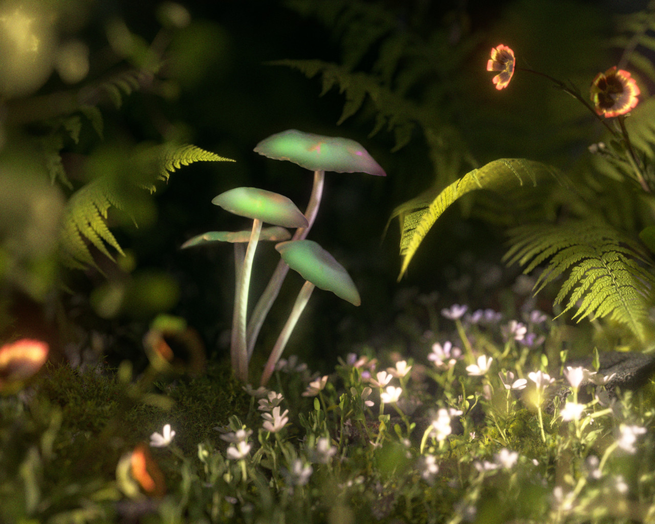 Glowy mushrooms grow in a forest.