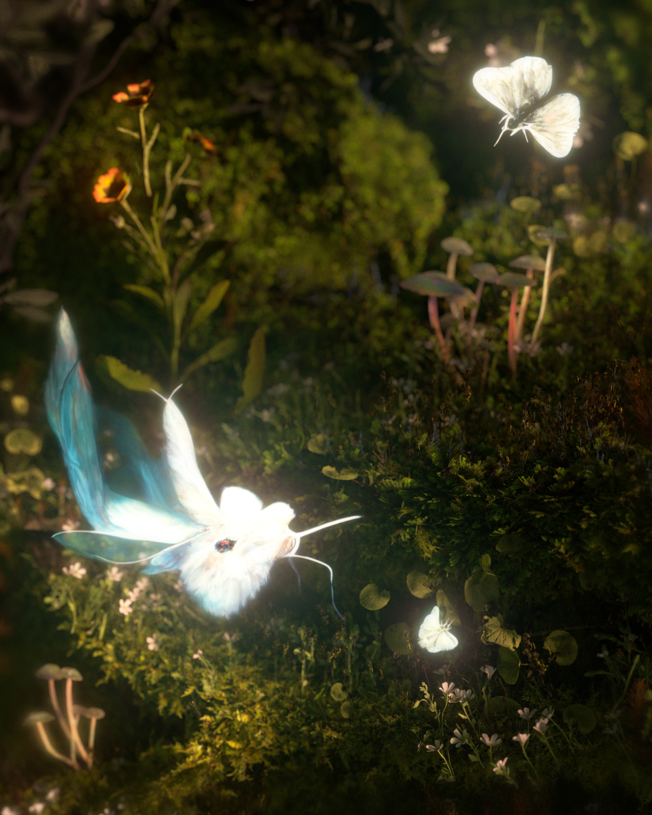 A glowing insect walks along a branch in verdant forest.