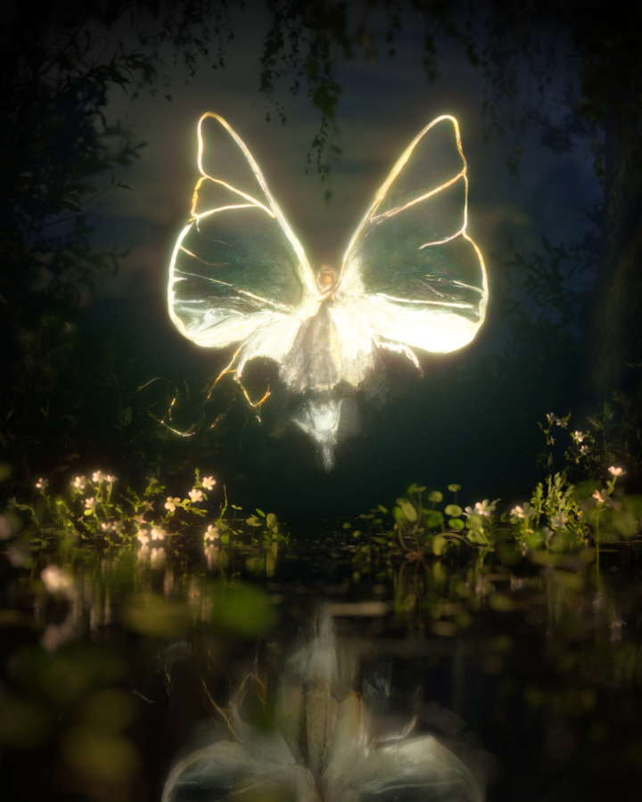 A person wears glowy wings in a verdant forest.