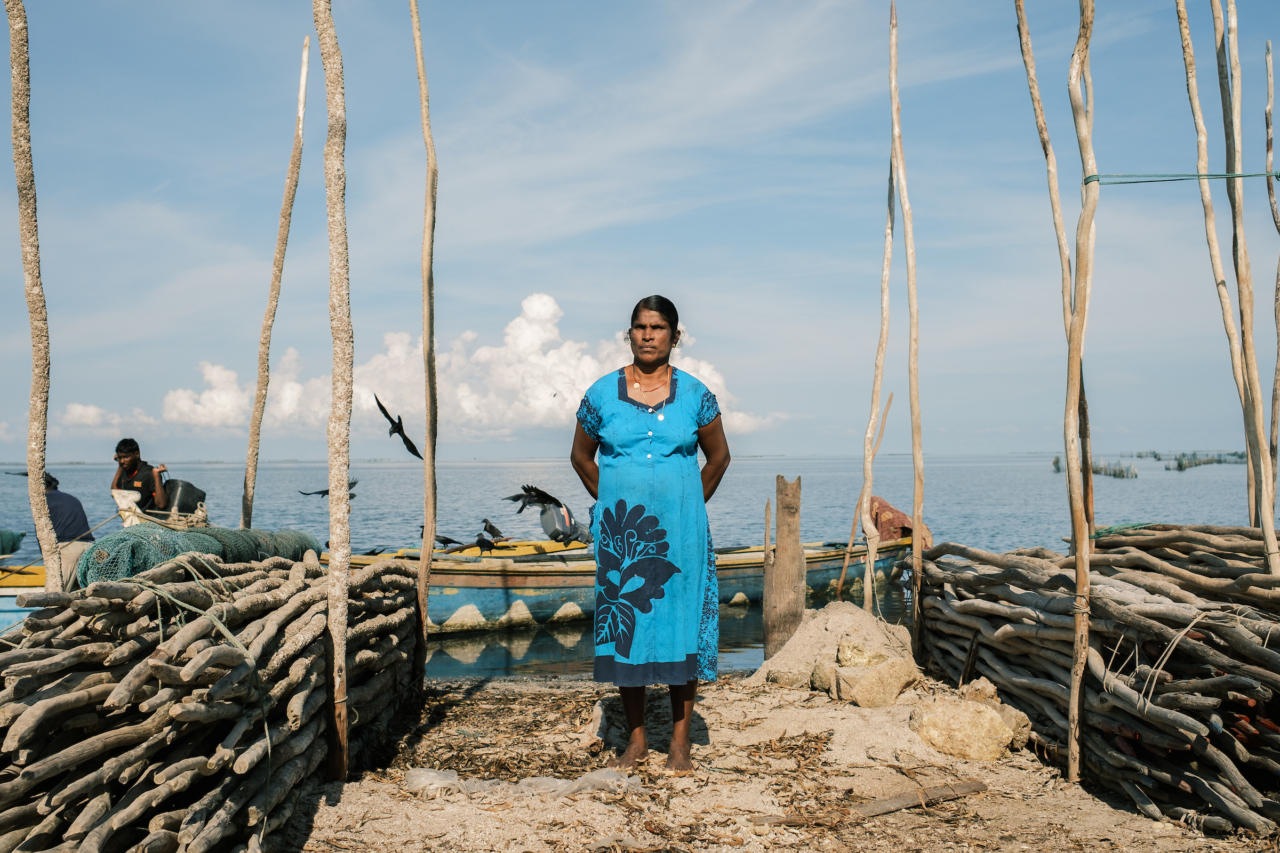 A fisherwoman stands on the shore in Mannar.