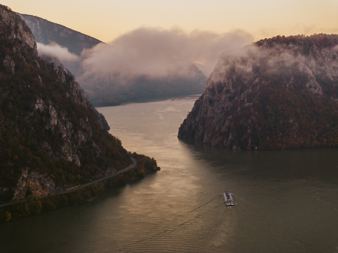 The Danube river between Romania and Serbia, upstream of the Iron Gate hydroelectric dams.